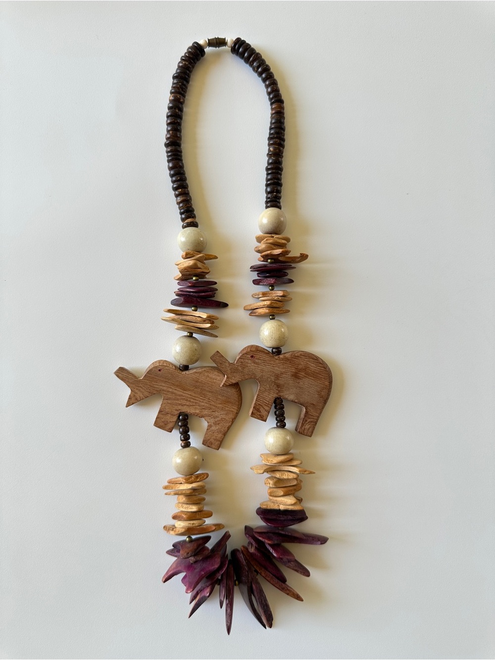 Wooden Elephant Statement Necklace in Brown and Purple